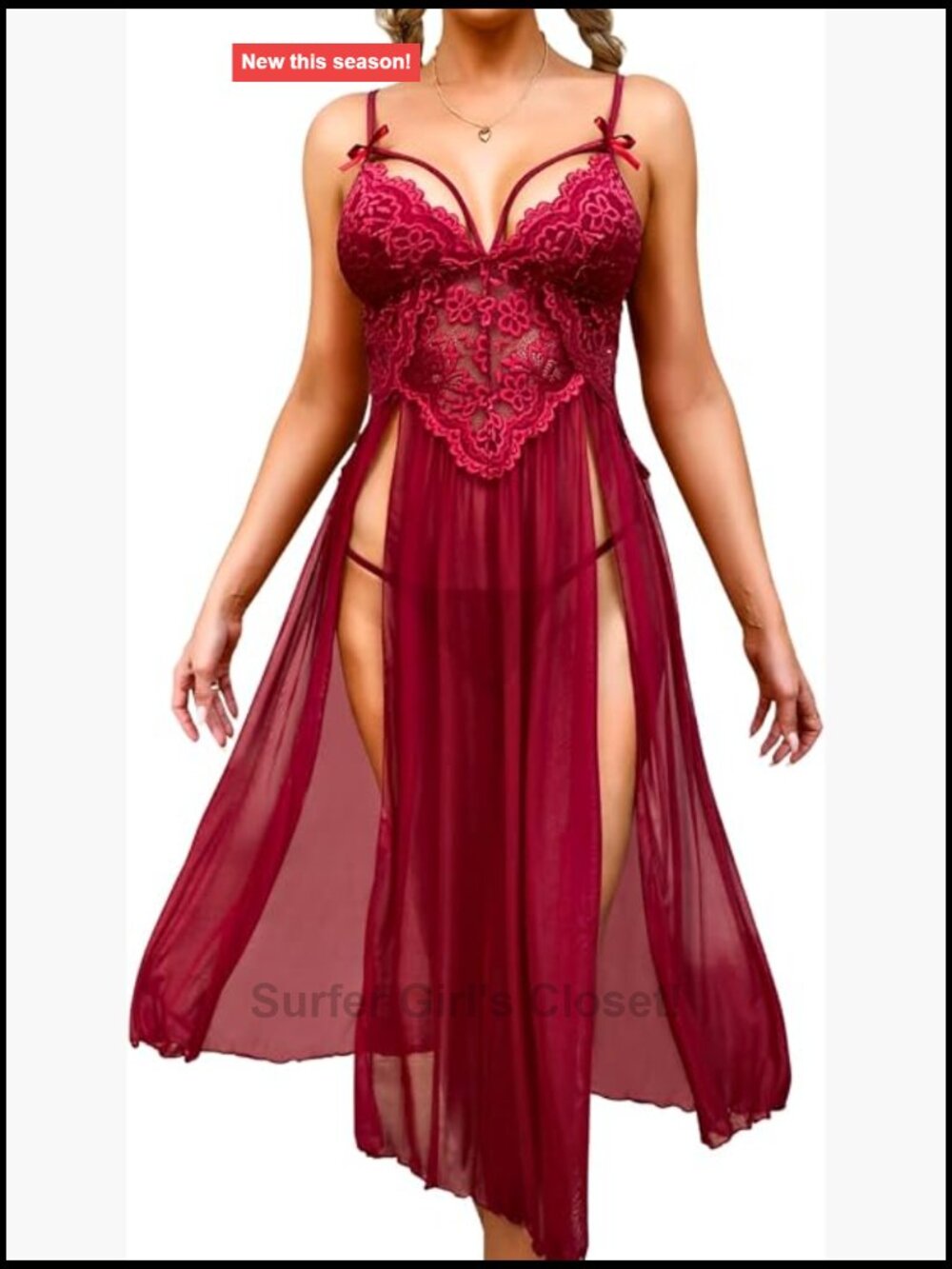 Women's Floral Lace Sheer Mesh Long Nightgown Chemise with G-String